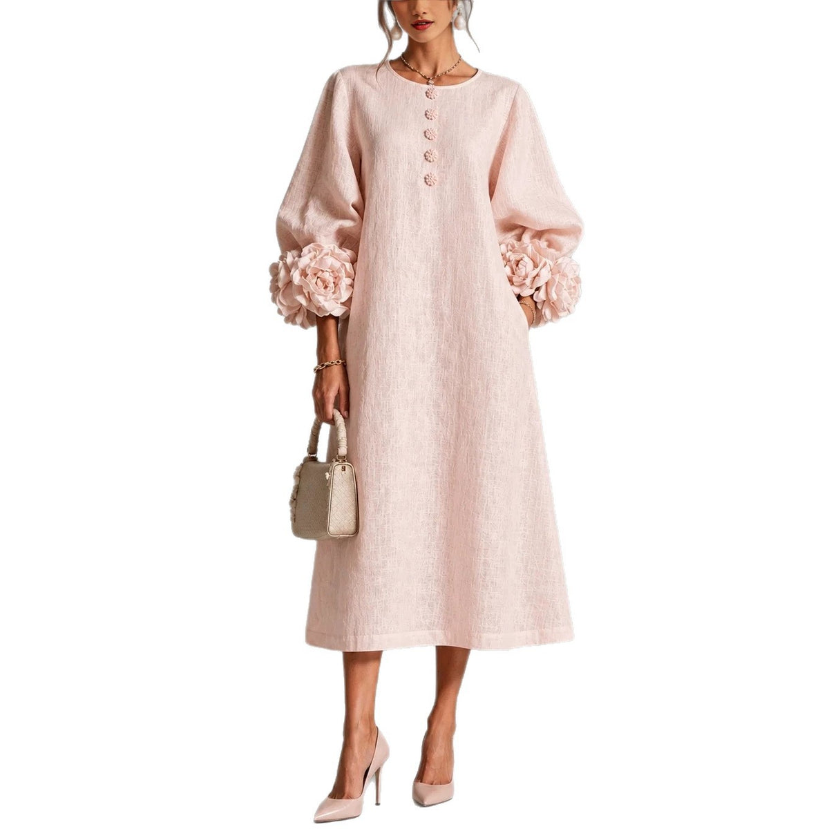French-Style 3D Floral Lantern-Sleeve Dress