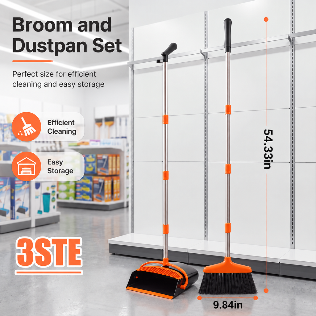 Adjustable Long-Handle Broom & Upright Dustpan Set
