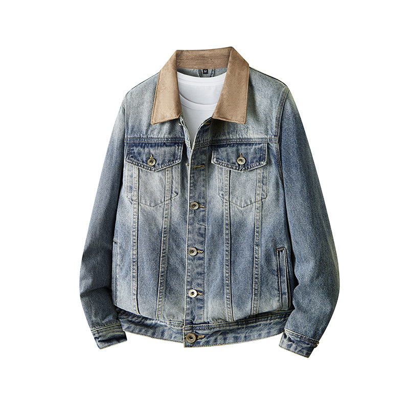 Men's Retro Denim Jacket with Suede Collar