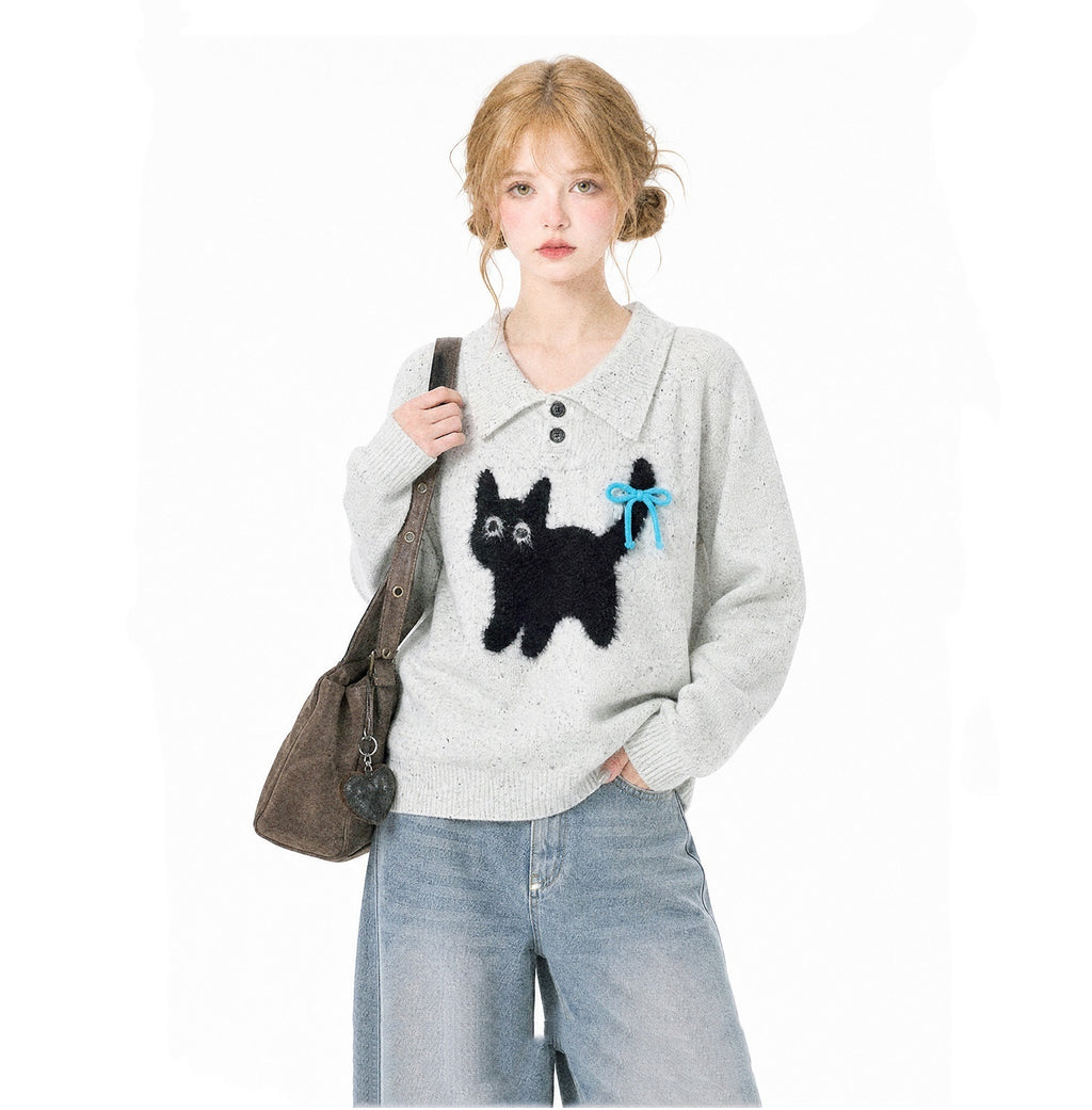 Women's Retro Cat Polo Sweater