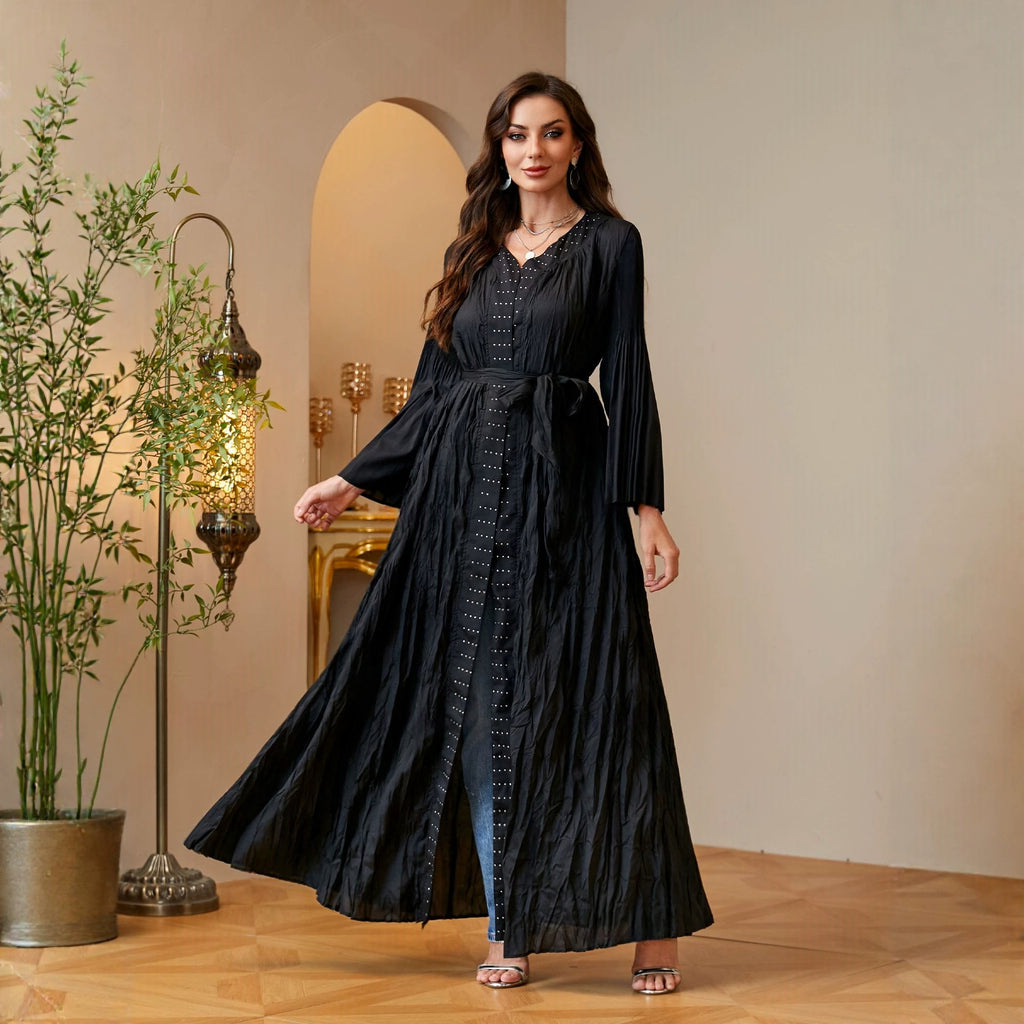 Women's Crinkled Long Cardigan Robe with Flared Sleeves
