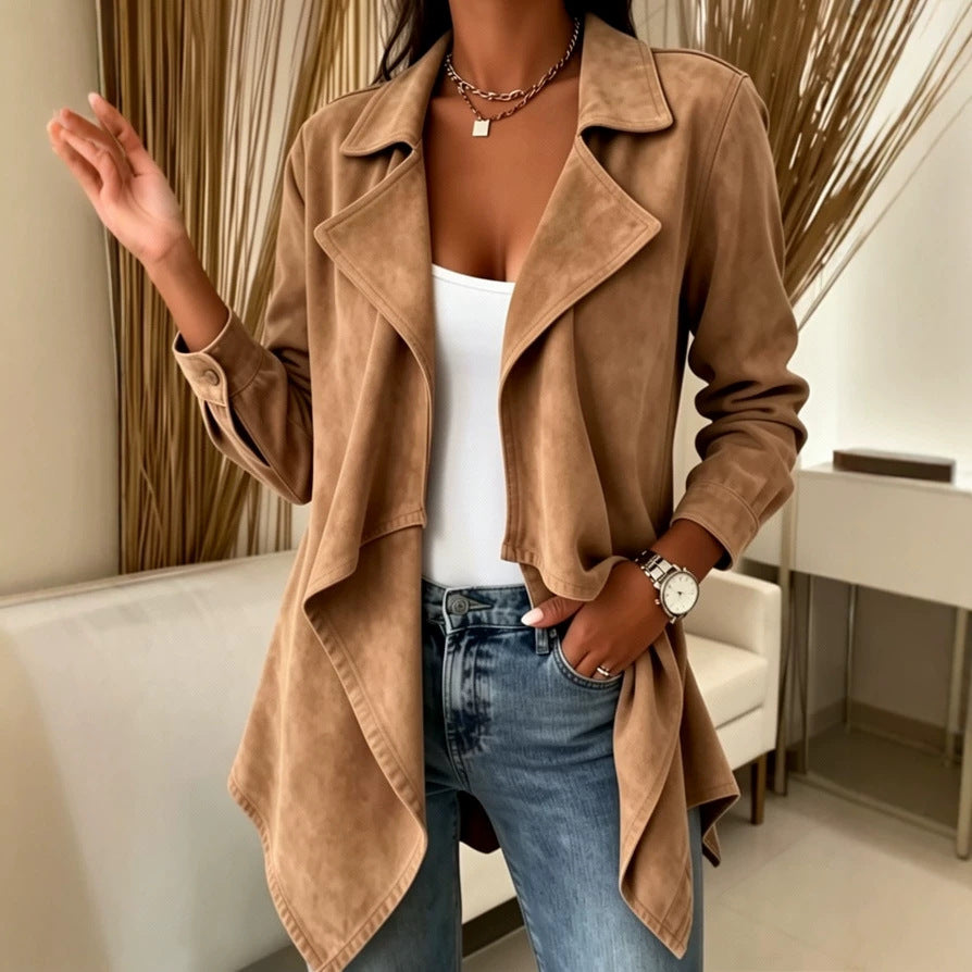 Women's Faux Suede Mid-Length Cardigan Jacket