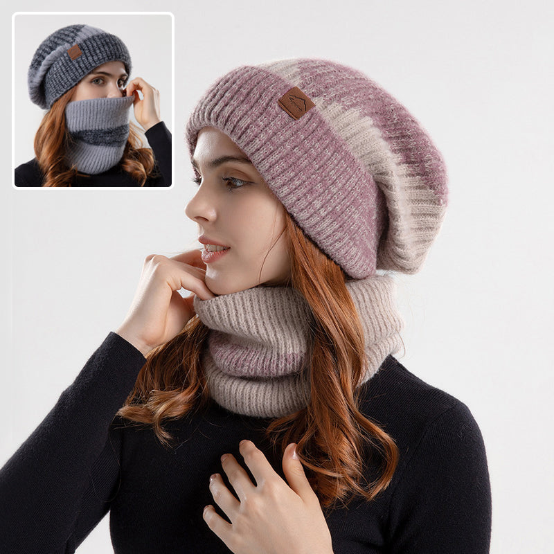 2pcs Knitted Hat Suit With Scarf Winter Two-color And Thick