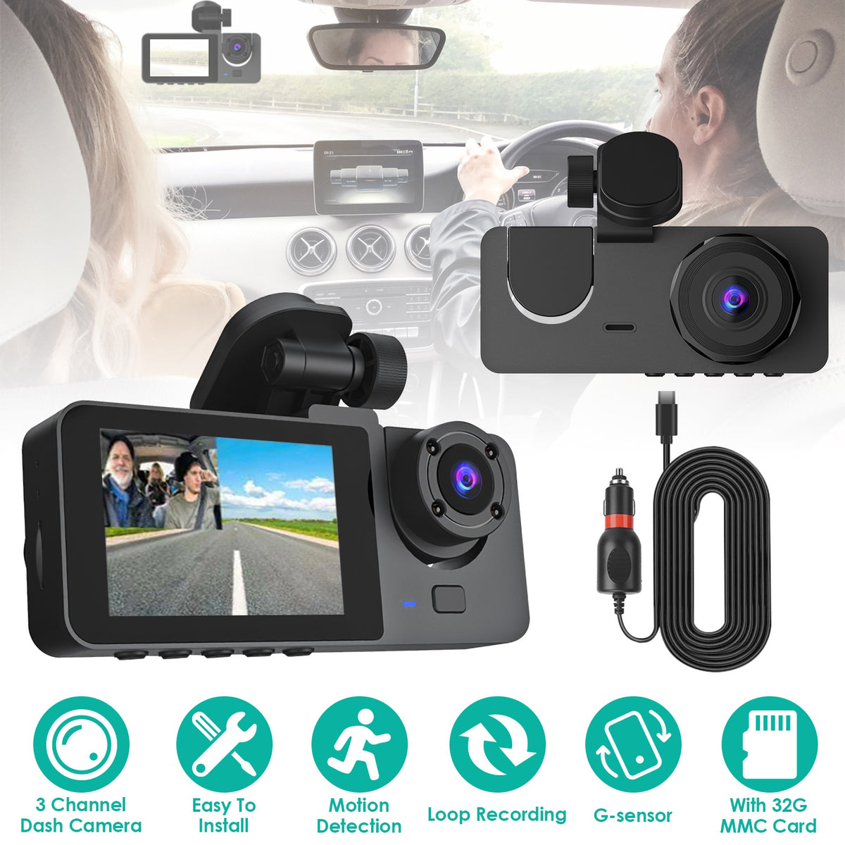 3-Channel Dash Cam – Front, Cabin & Rear with 32GB Card