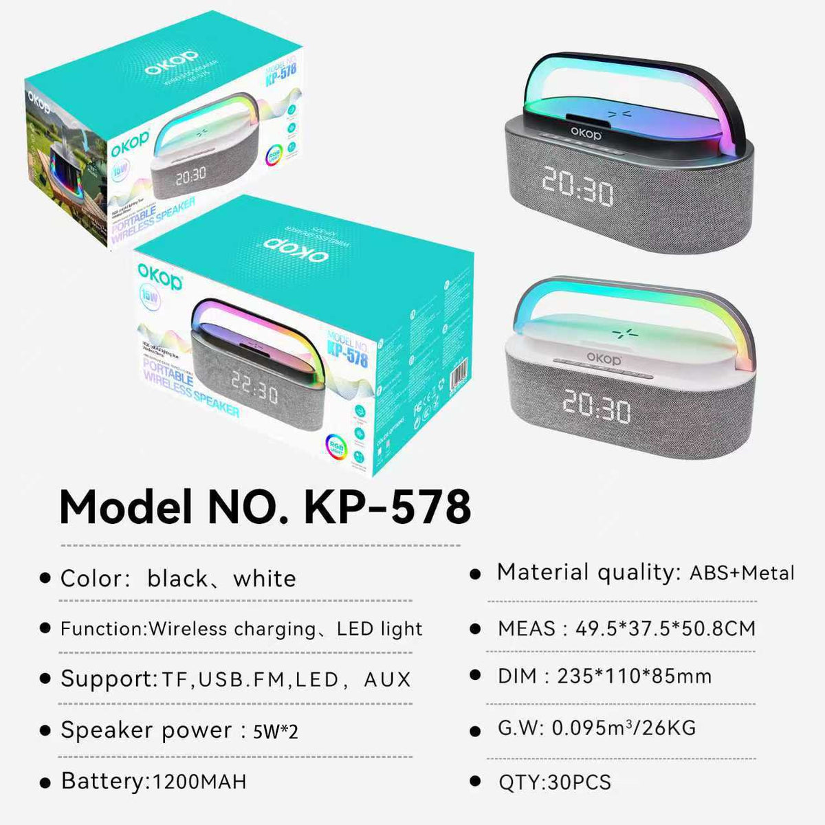 Bluetooth Speaker with Alarm Clock & Wireless Charger
