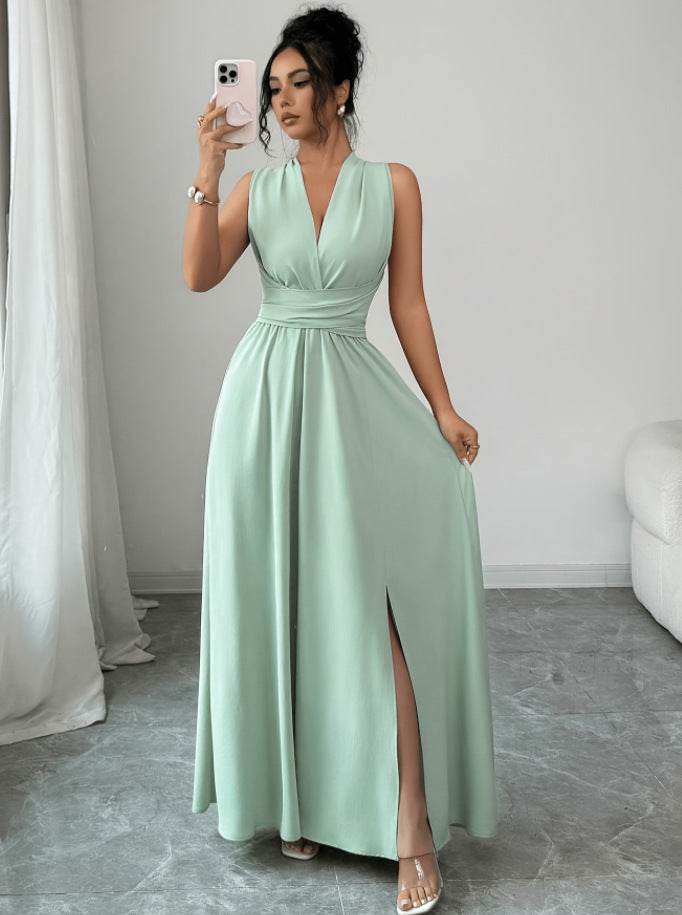 Elegant Emerald V-Neck Bow Maxi Dress for Women