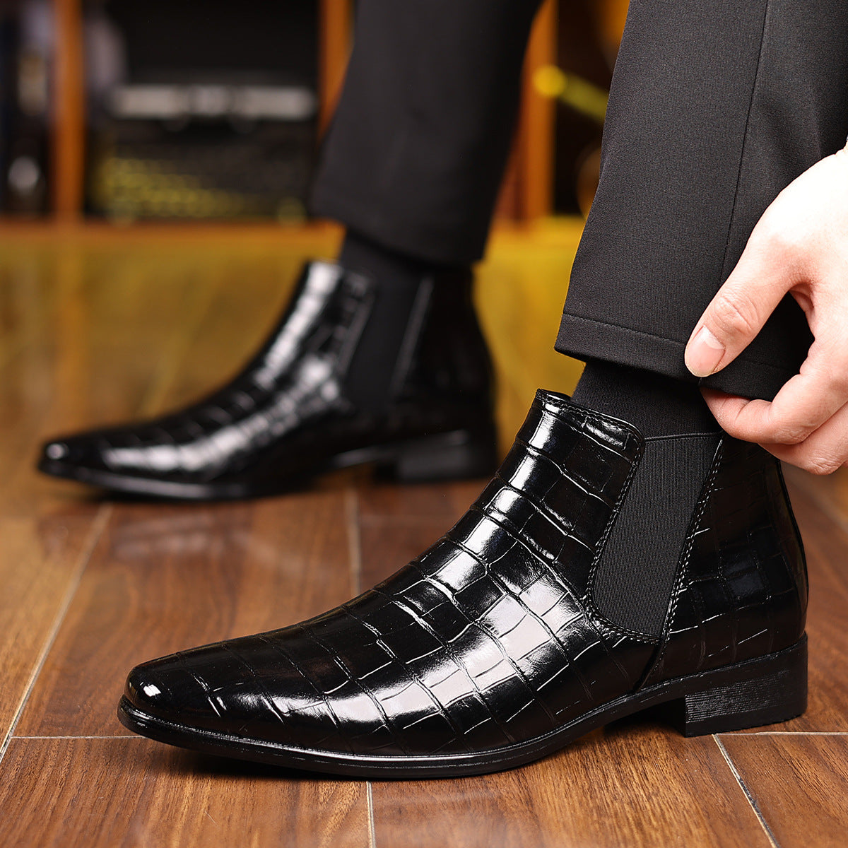 Men's Crocodile-Texture Leather Chelsea Boots