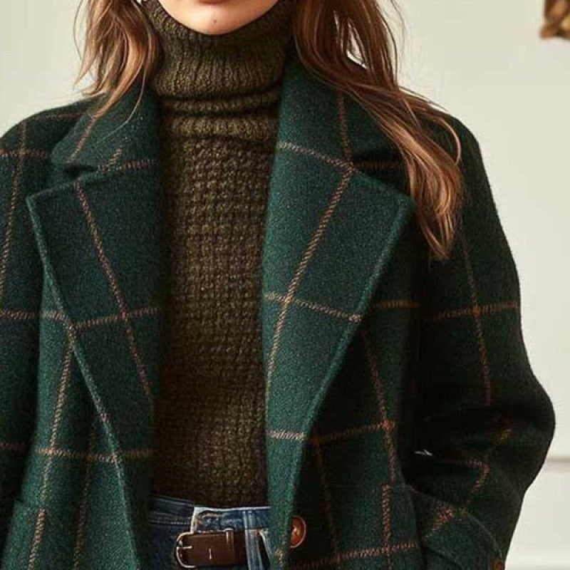 Women's Elegant Midi Plaid Lapel Coat