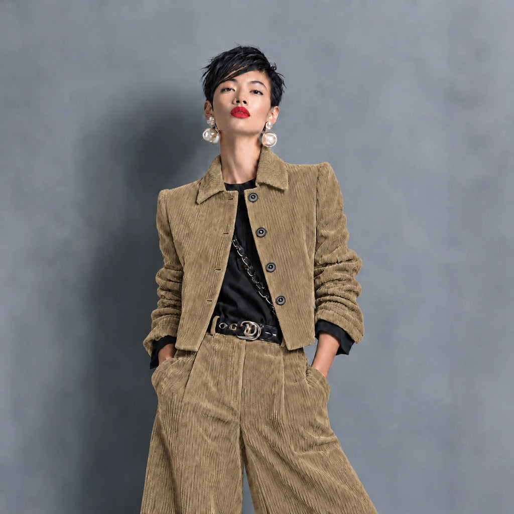 Women's Corduroy Cropped Jacket & Wide-Leg Pants Set