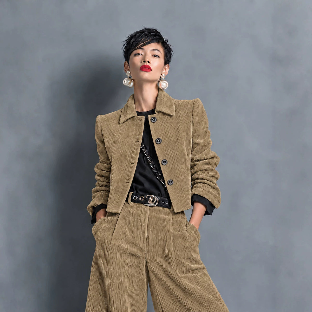 Women's Corduroy Cropped Jacket & Wide-Leg Pants Set