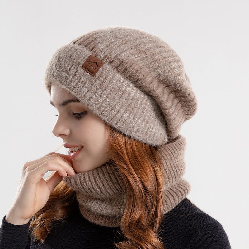 2pcs Knitted Hat Suit With Scarf Winter Two-color And Thick