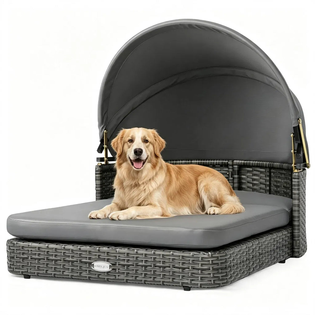 Elevated Rattan Dog Bed with Adjustable Canopy