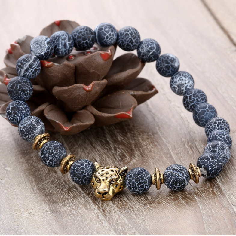 Agate Alloy Leopard Head Beaded Bracelet