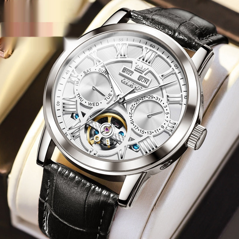Men's Automatic Mechanical Watch with Leather Strap