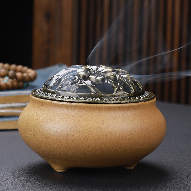 Copper Lid Ceramic Incense Burner Buddha with Antique Alloy