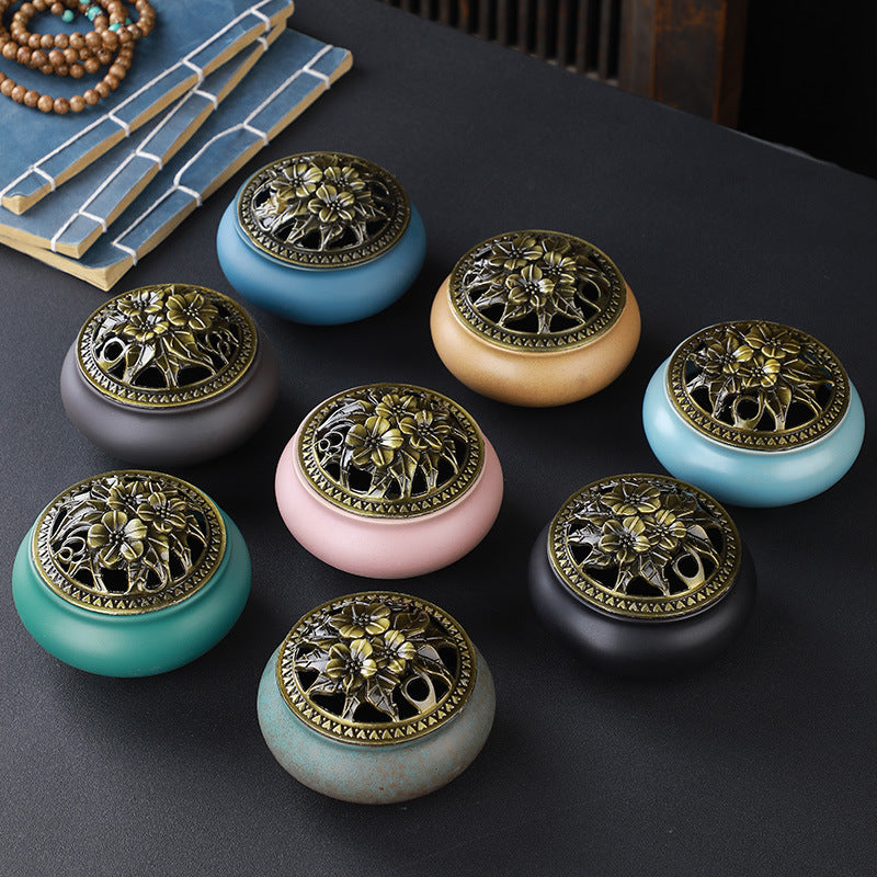 Copper Lid Ceramic Incense Burner Buddha with Antique Alloy