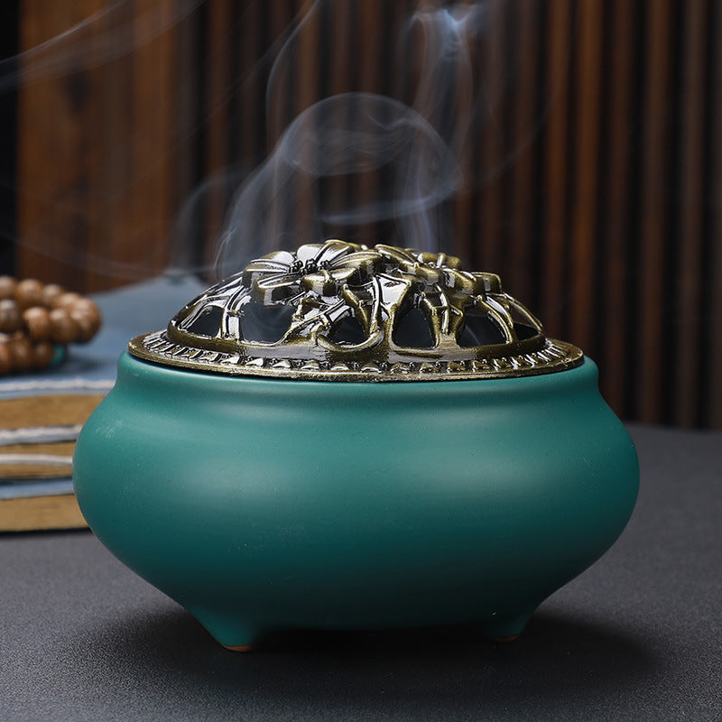 Copper Lid Ceramic Incense Burner Buddha with Antique Alloy