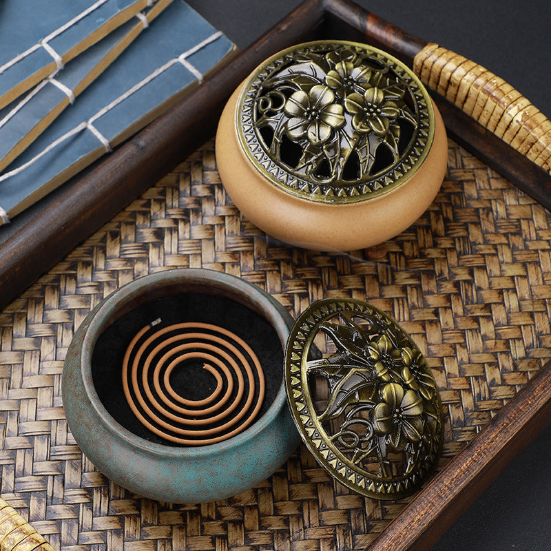 Copper Lid Ceramic Incense Burner Buddha with Antique Alloy