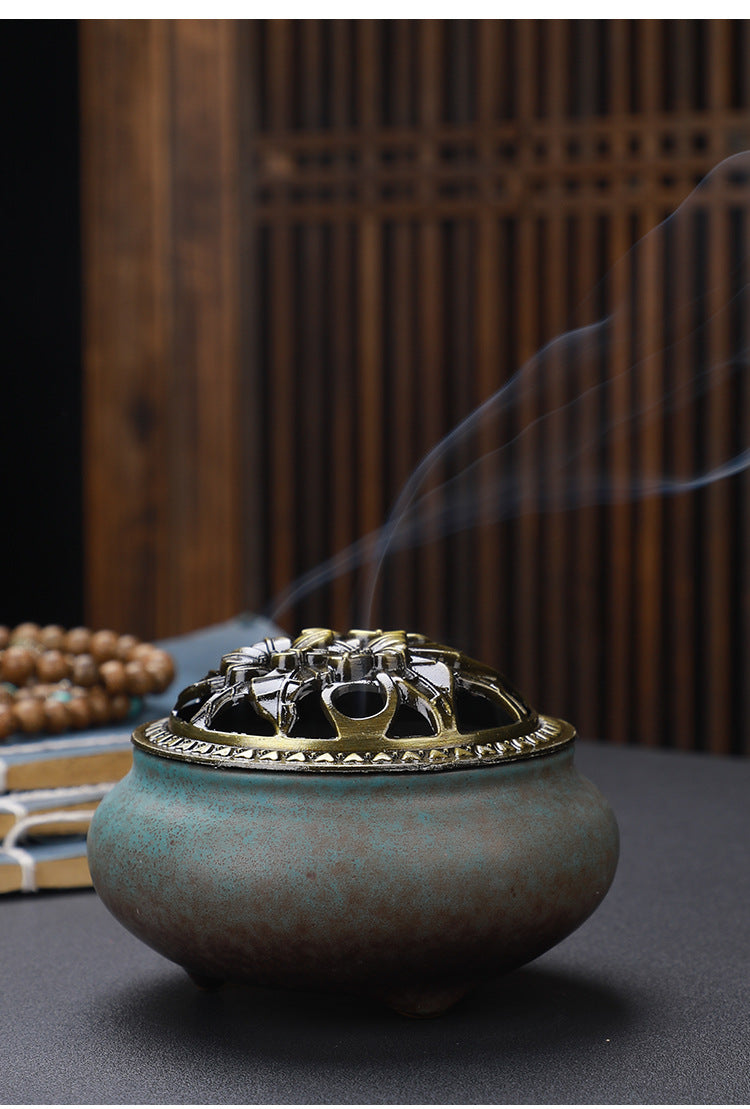 Copper Lid Ceramic Incense Burner Buddha with Antique Alloy