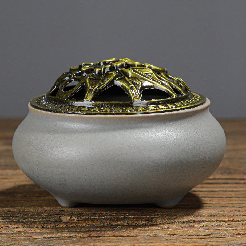 Copper Lid Ceramic Incense Burner Buddha with Antique Alloy