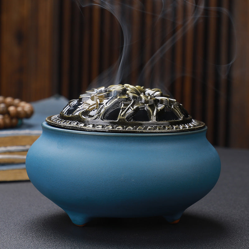 Copper Lid Ceramic Incense Burner Buddha with Antique Alloy