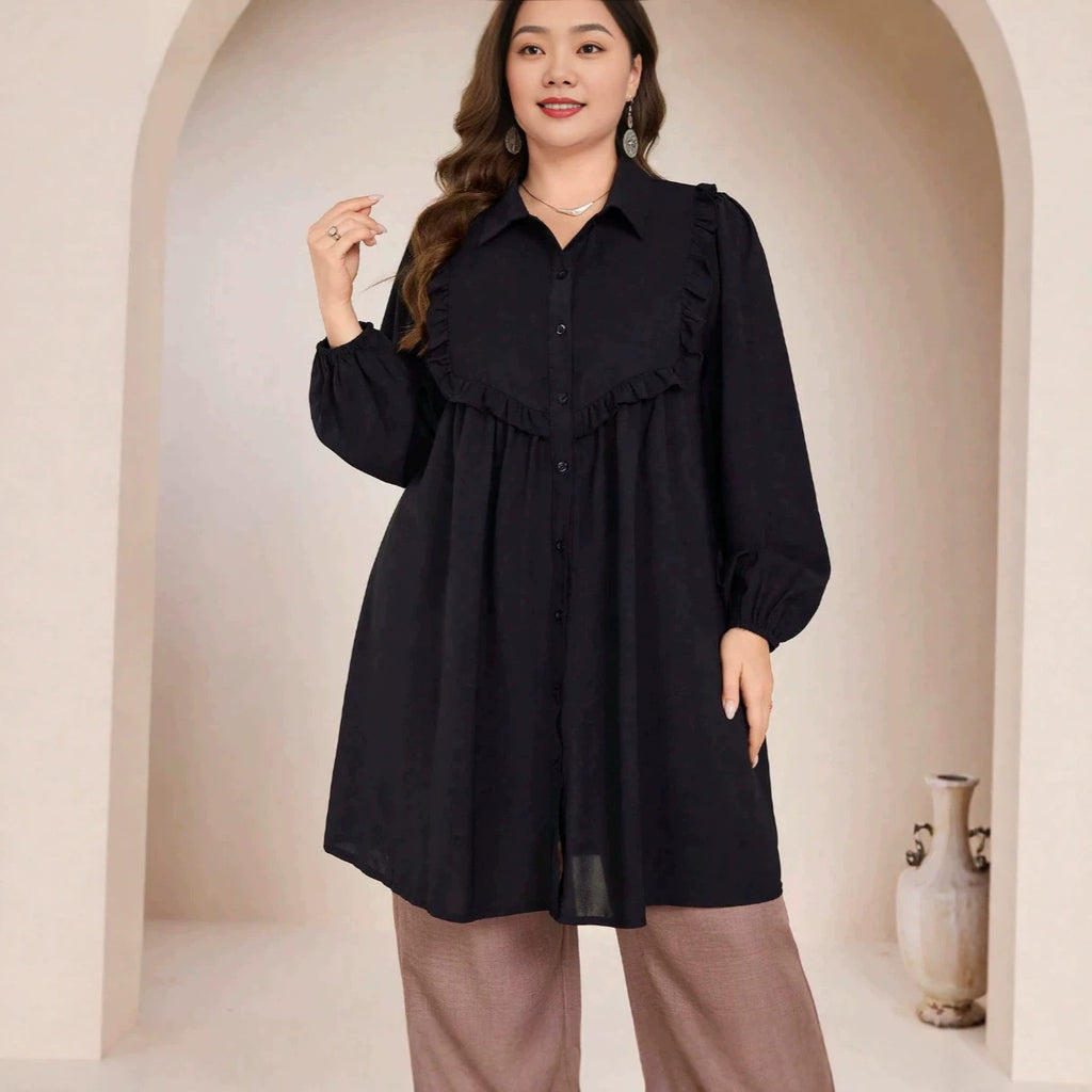 Women's Plus-Size Lace-Trim Lantern Sleeve Shirt