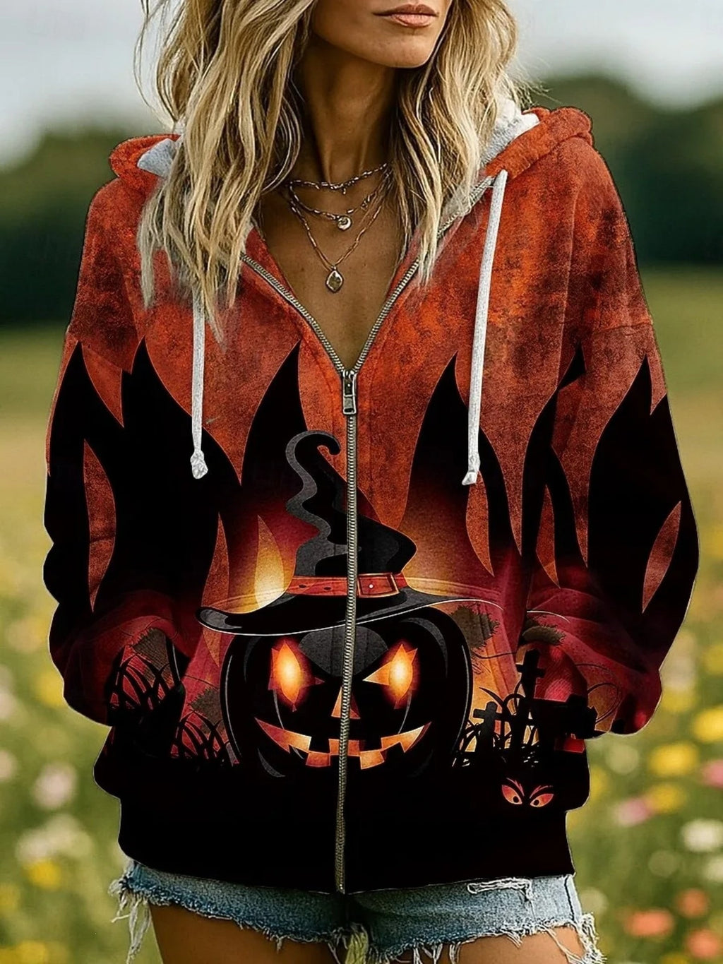 Women's Skull Print Hooded Zip-Up Cardigan Jacket
