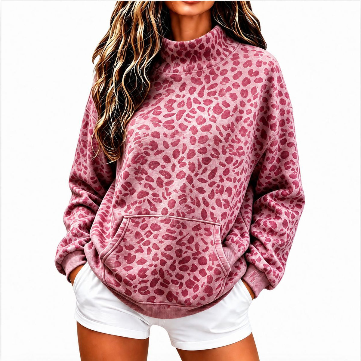 Women's Leopard Print High-Neck Sweatshirt - Loose Casual Fit