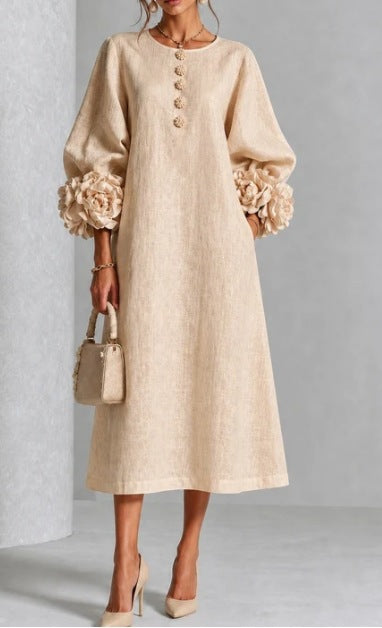 French-Style 3D Floral Lantern-Sleeve Dress