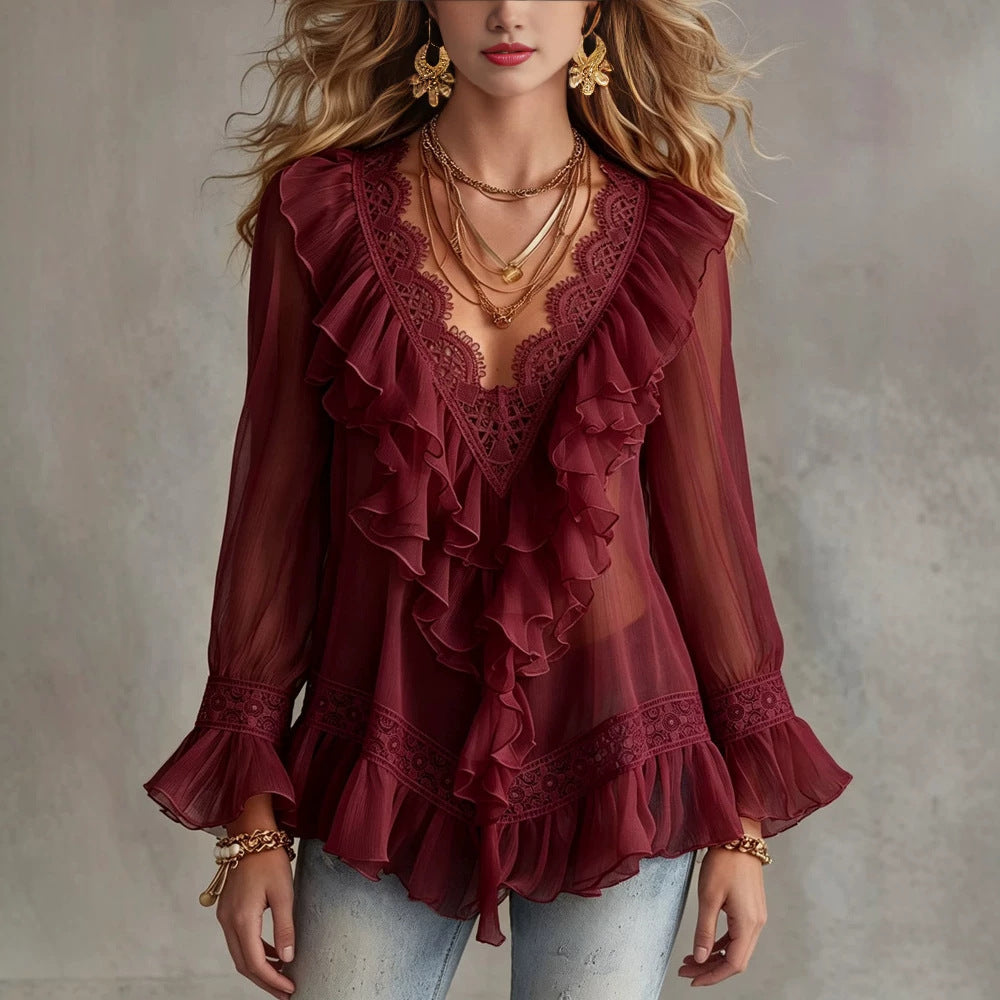 Women's Bohemian Lace V-Neck Long-Sleeve Top