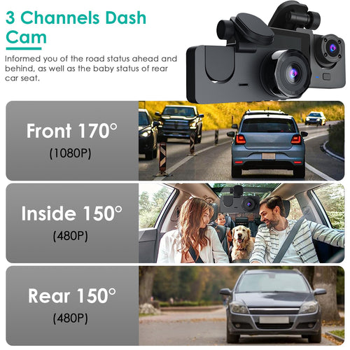 3-Channel Dash Cam – Front, Cabin & Rear with 32GB Card