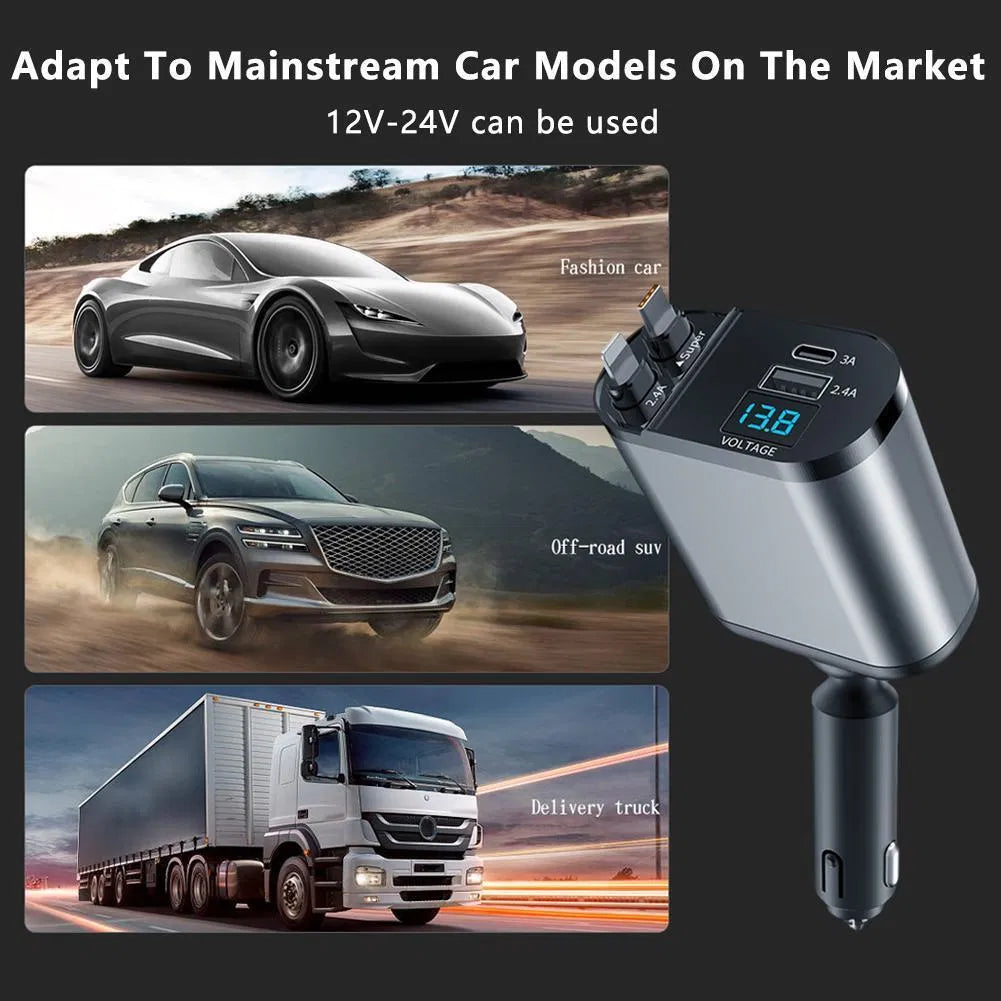 4-in-1 Retractable Car Charger 120W - Fast USB-C Phone Charging