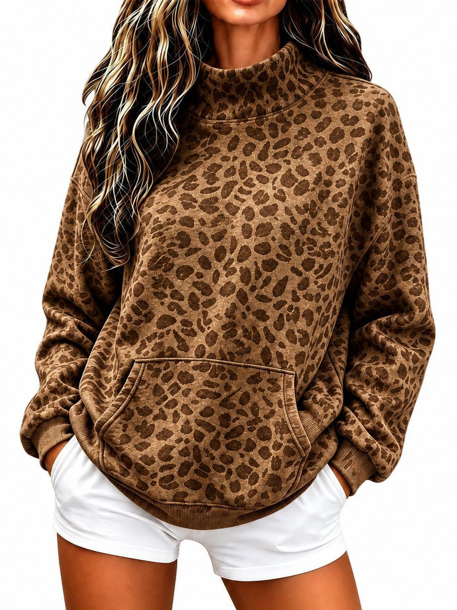 Women's Leopard Print High-Neck Sweatshirt - Loose Casual Fit