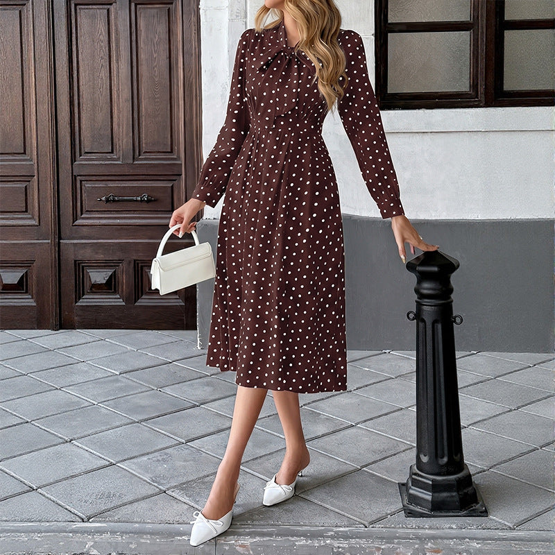 Women's Retro Polka-Dot Bow-Tie Long-Sleeve Dress