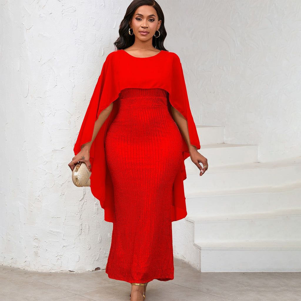 Sequined Bodycon Maxi Dress with Chiffon Cape