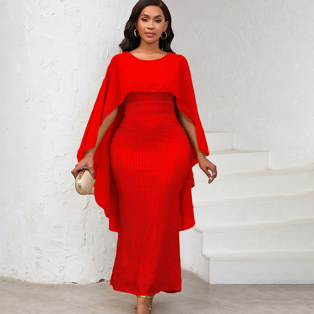 Sequined Bodycon Maxi Dress with Chiffon Cape