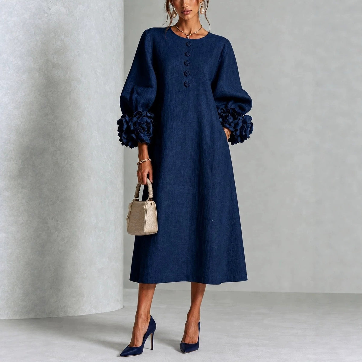 French-Style 3D Floral Lantern-Sleeve Dress