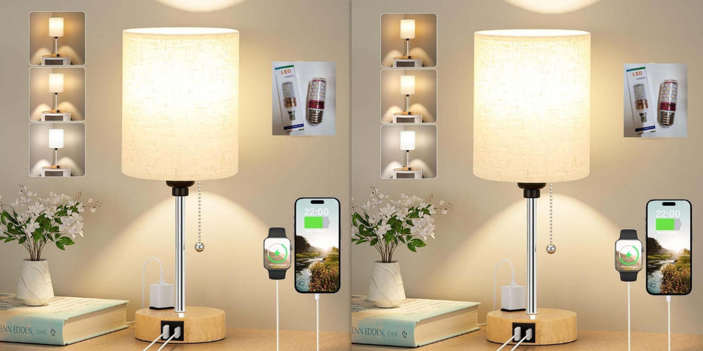 Wood-Grain Fabric Desk Lamp with USB Charging