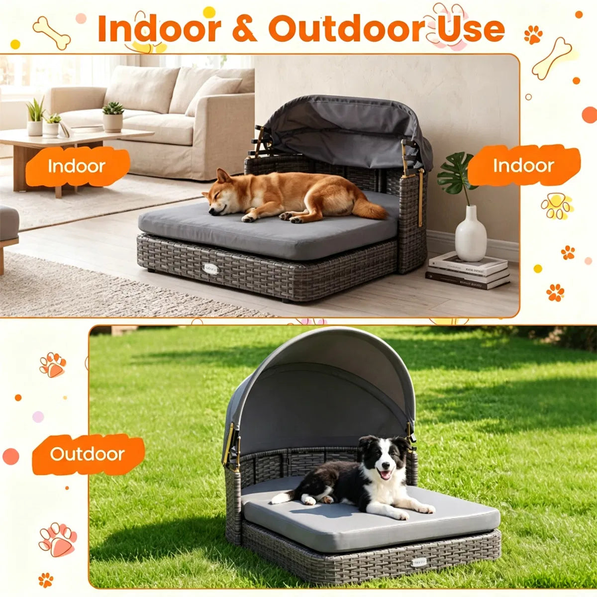 Elevated Rattan Dog Bed with Adjustable Canopy