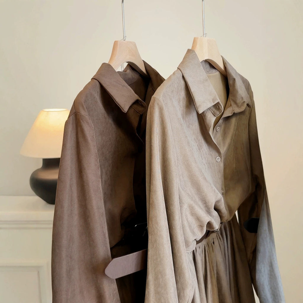 Women's Retro Suede Long-Sleeve Shirt Dress