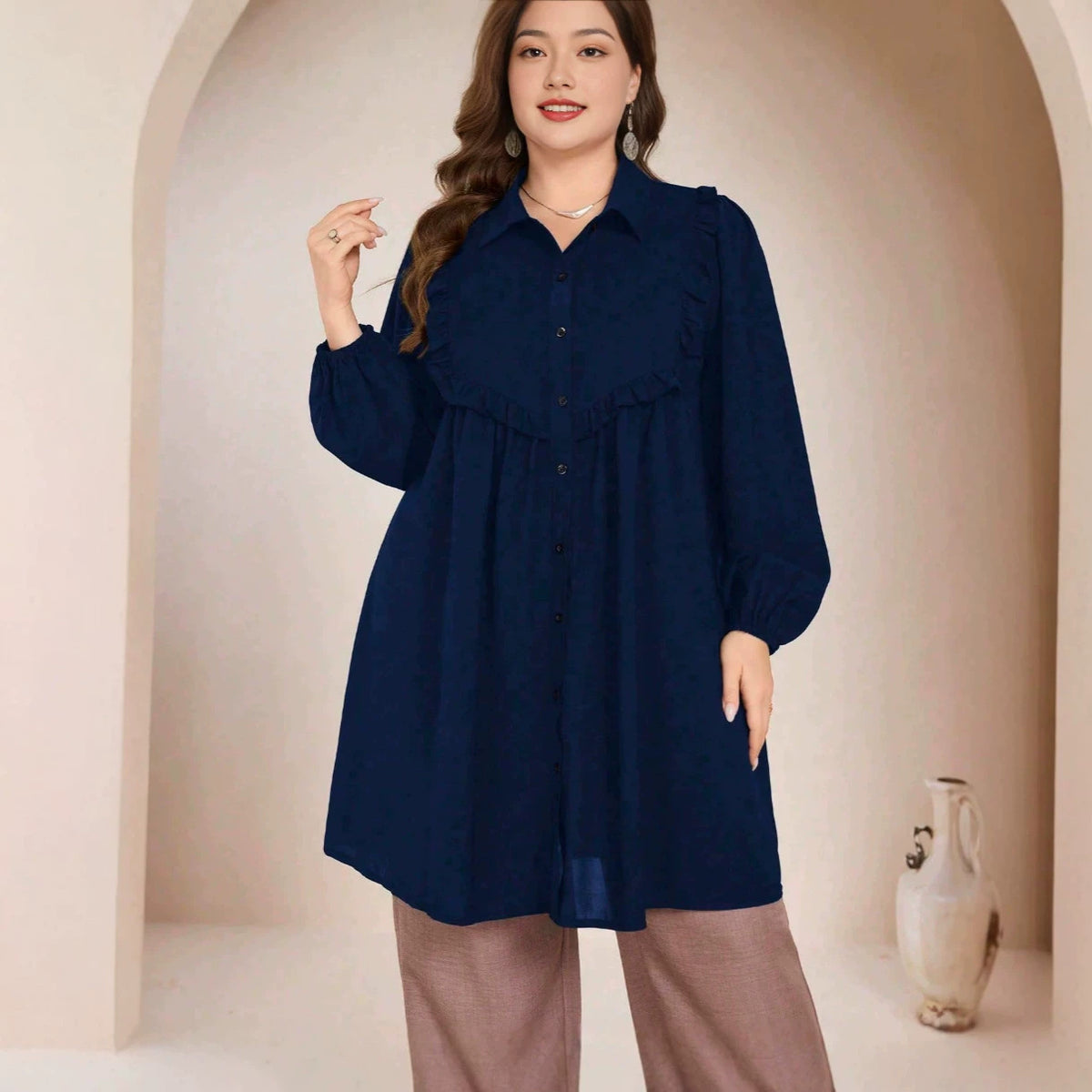 Women's Plus-Size Lace-Trim Lantern Sleeve Shirt