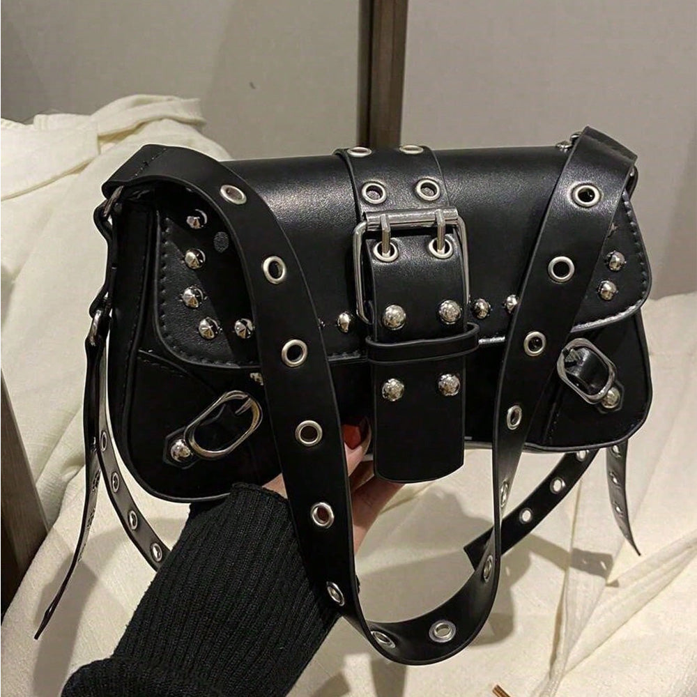 Studded Retro Faux Leather Shoulder Bag