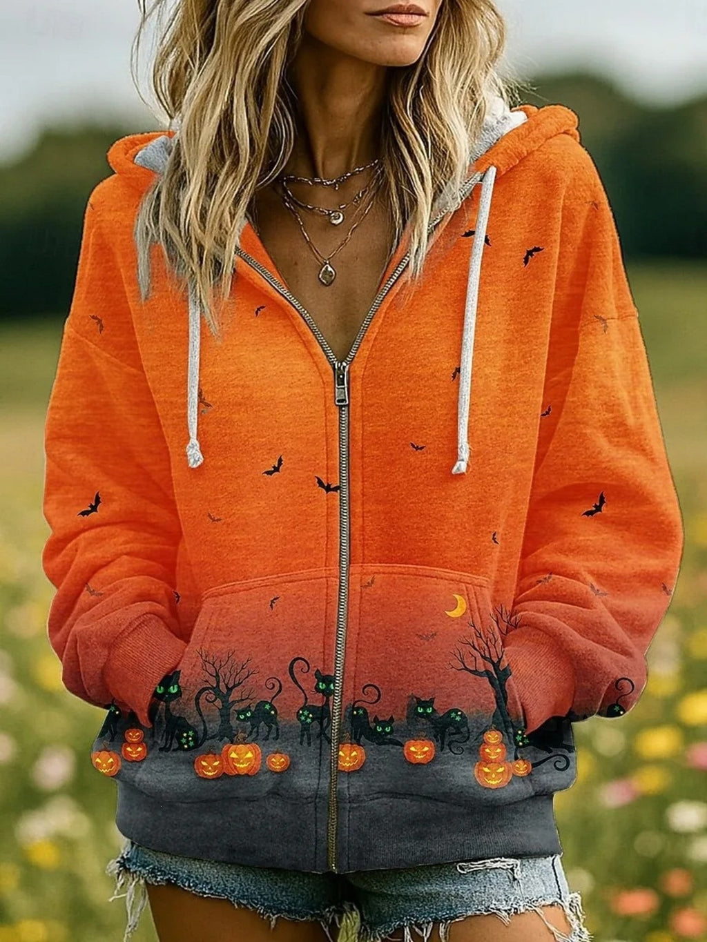 Women's Skull Print Hooded Zip-Up Cardigan Jacket