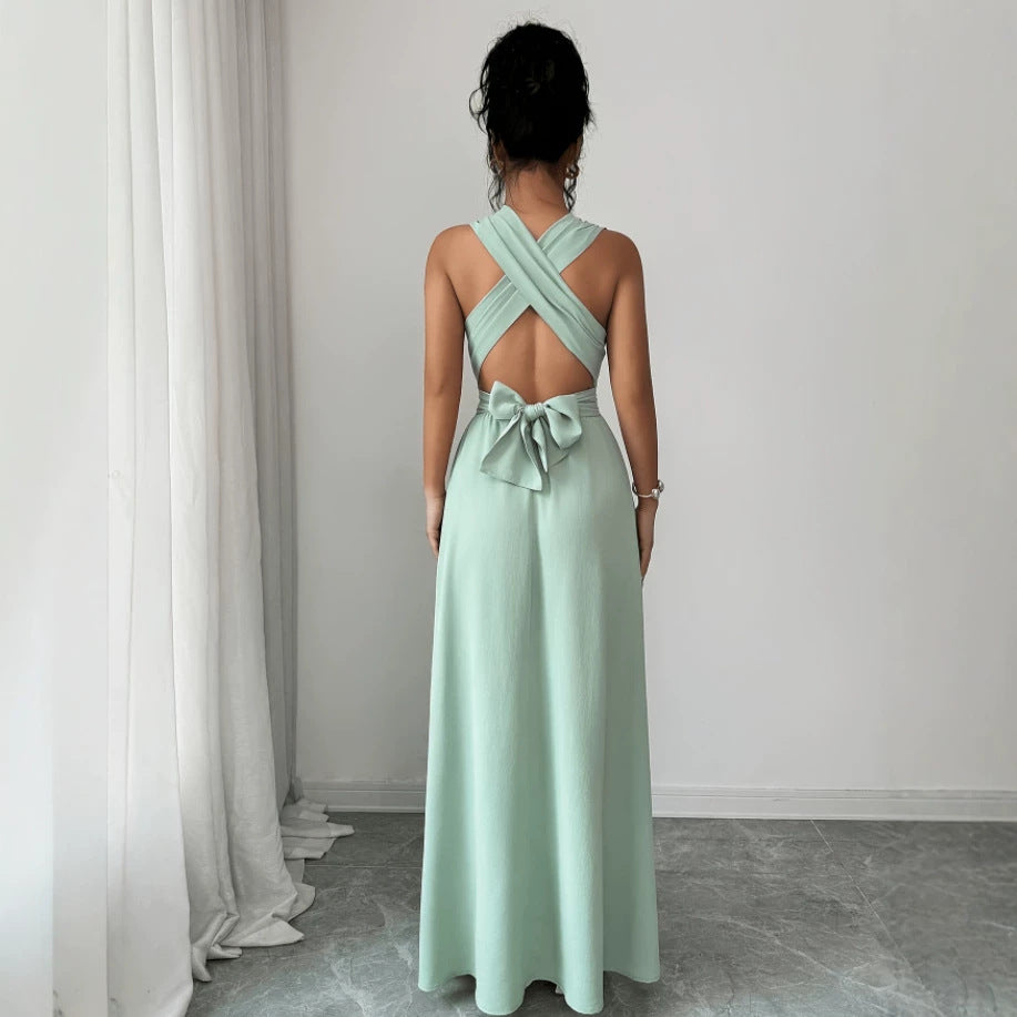 Elegant Emerald V-Neck Bow Maxi Dress for Women