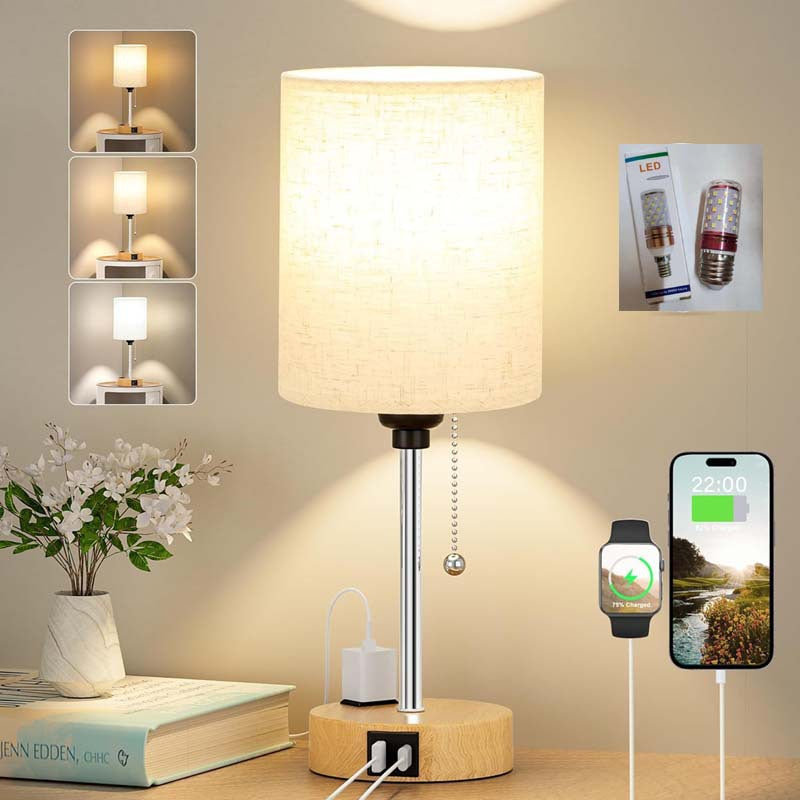 Wood-Grain Fabric Desk Lamp with USB Charging