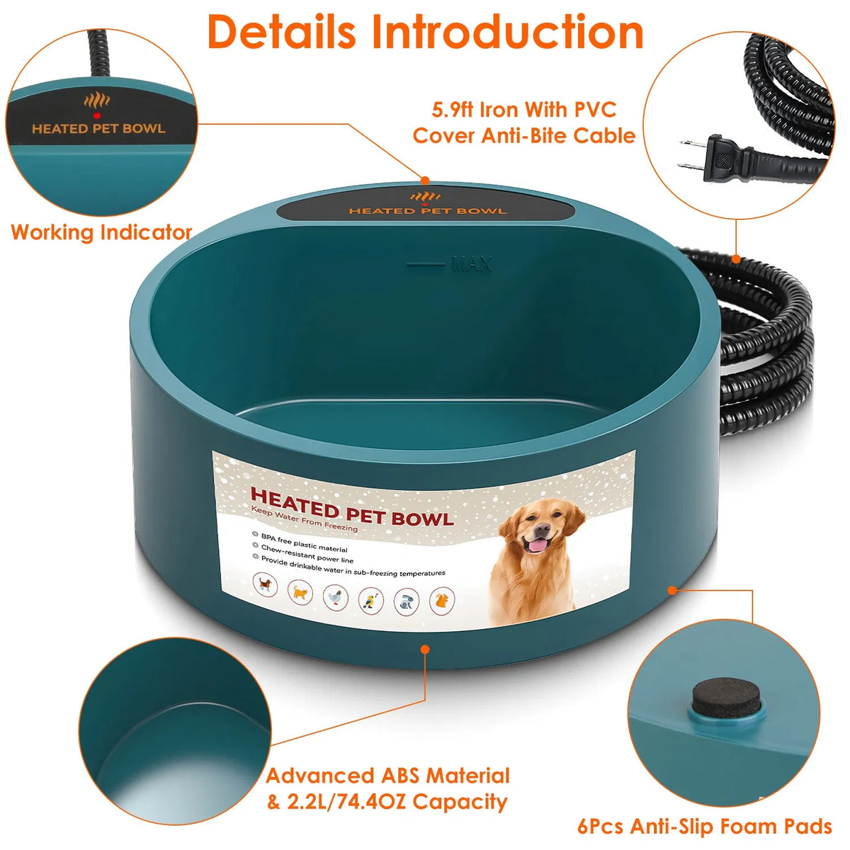 Heated Pet Water Bowl 74oz - Thermostatic Dog & Cat Water Dish