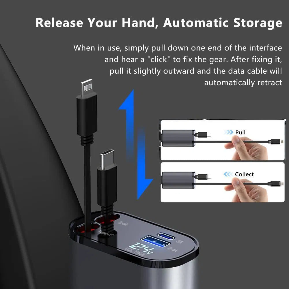 4-in-1 Retractable Car Charger 120W - Fast USB-C Phone Charging