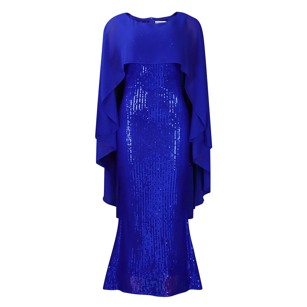 Sequined Bodycon Maxi Dress with Chiffon Cape