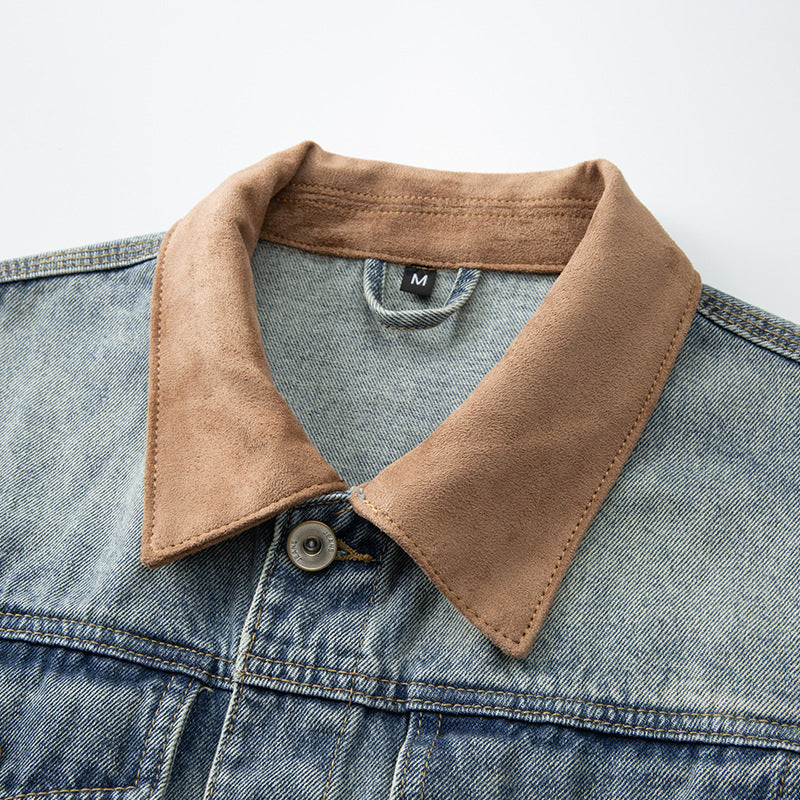 Men's Retro Denim Jacket with Suede Collar