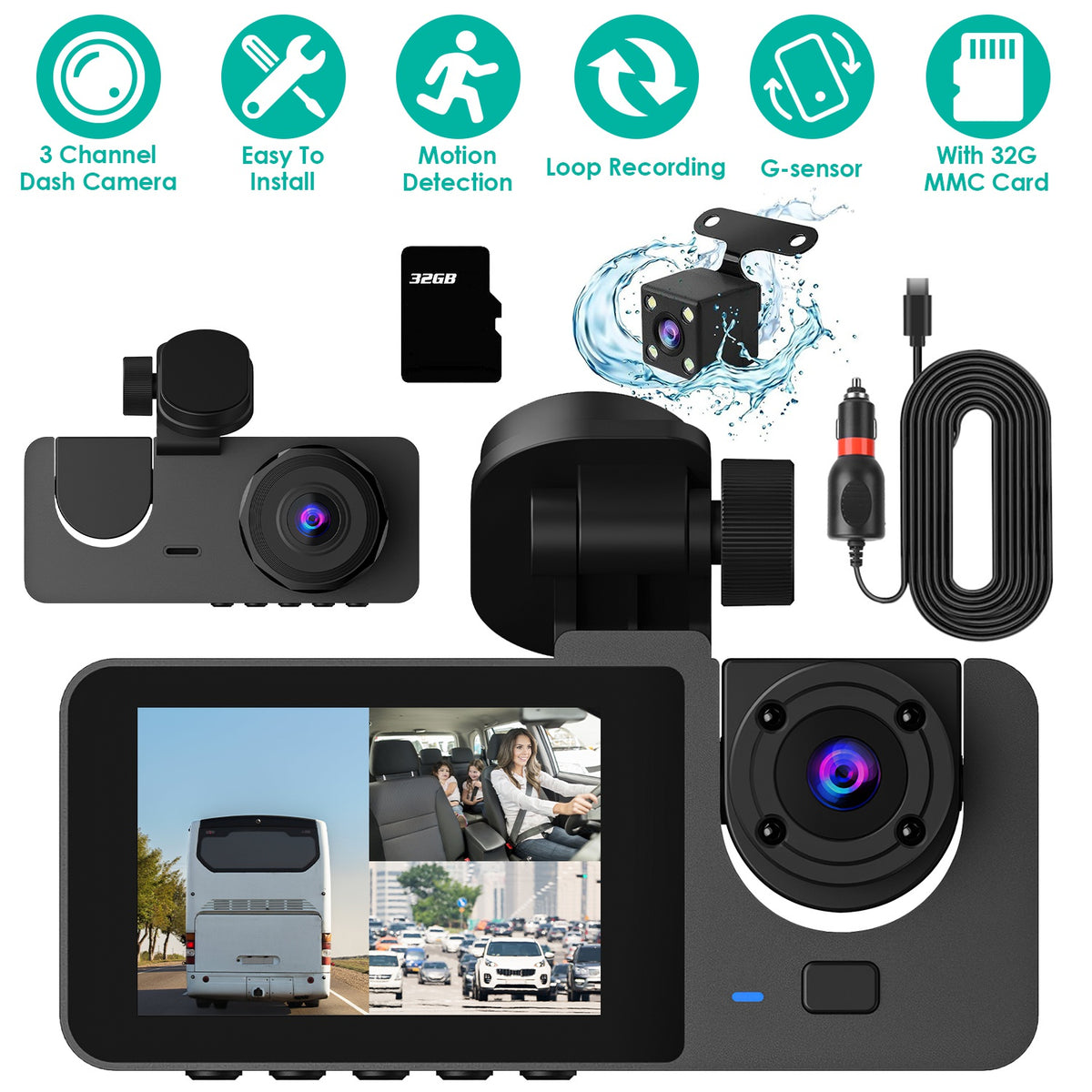 3-Channel Dash Cam – Front, Cabin & Rear with 32GB Card